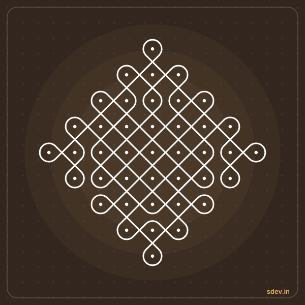 Sikku Kolam, 9 - 1 straight dots, No. 127: finished kolam design
