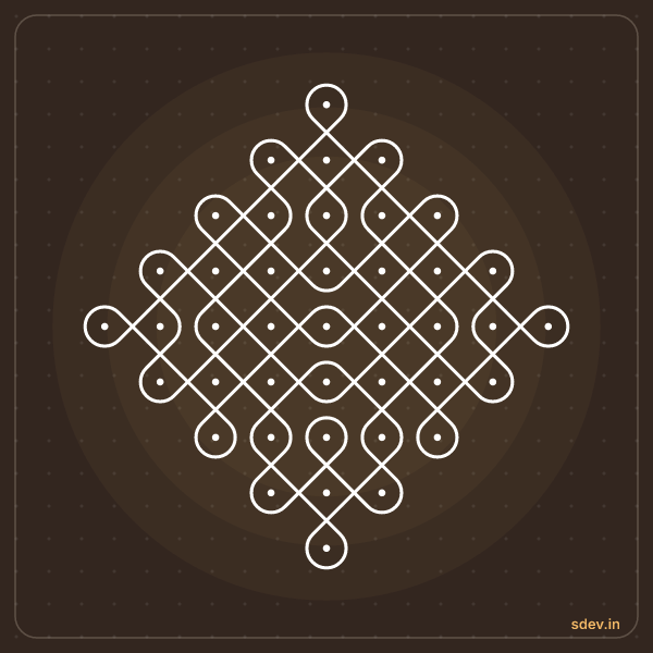 Sikku Kolam, 9 - 1 straight dots, No. 128: finished kolam design