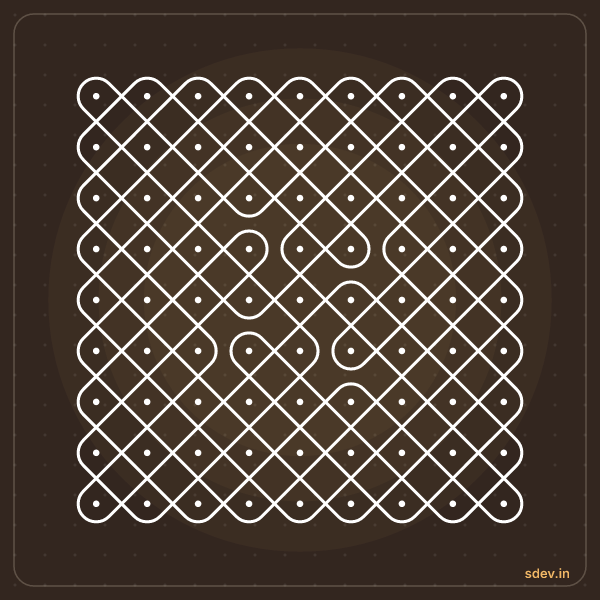 Sikku Kolam, 9 - 9 straight dots, No. 15: finished kolam design