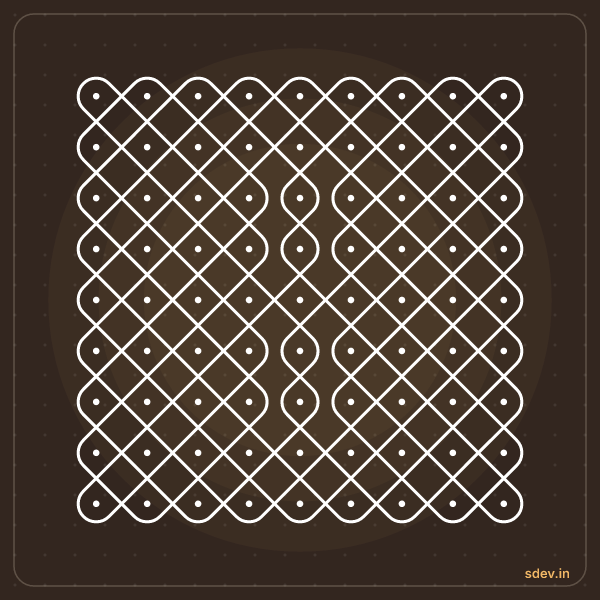 Sikku Kolam, 9 - 9 straight dots, No. 34: finished kolam design