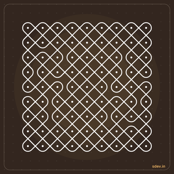 Sikku Kolam, 9 - 9 straight dots, No. 39: finished kolam design