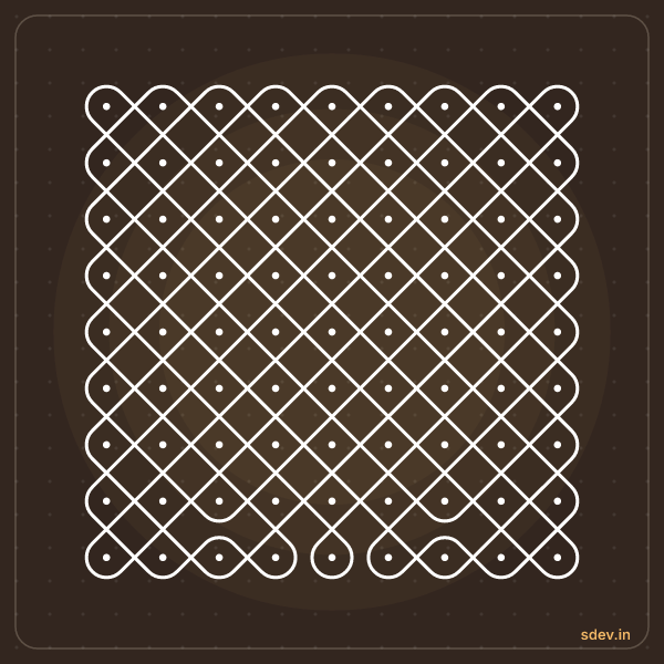 Sikku Kolam, 9 - 9 straight dots, No. 72: finished kolam design