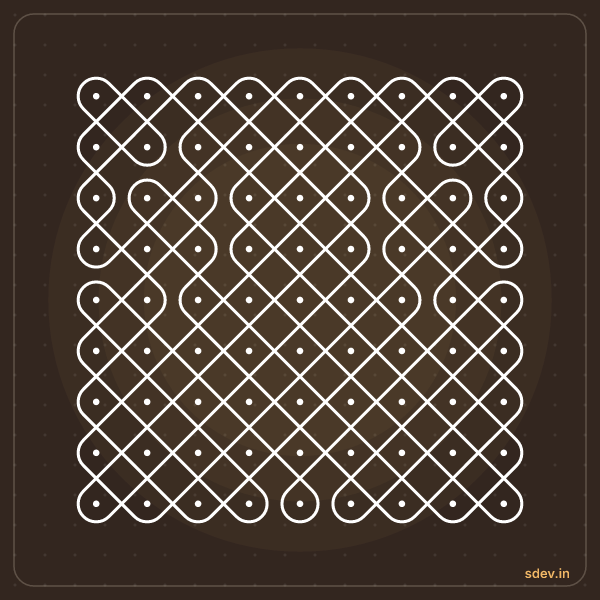 Sikku Kolam, 9 - 9 straight dots, No. 73: finished kolam design